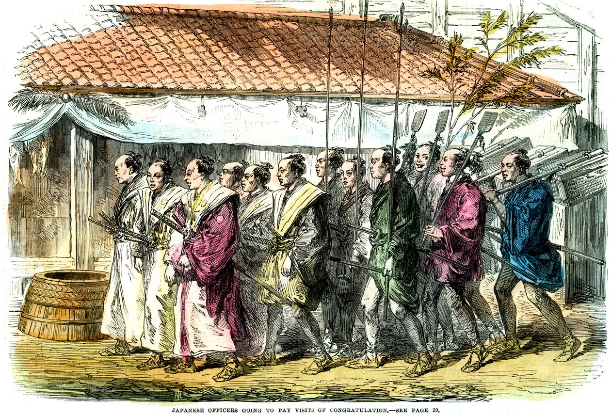 Oficiais japoneses vão fazer visitas de parabéns, Japão, 1865 de Unbekannt