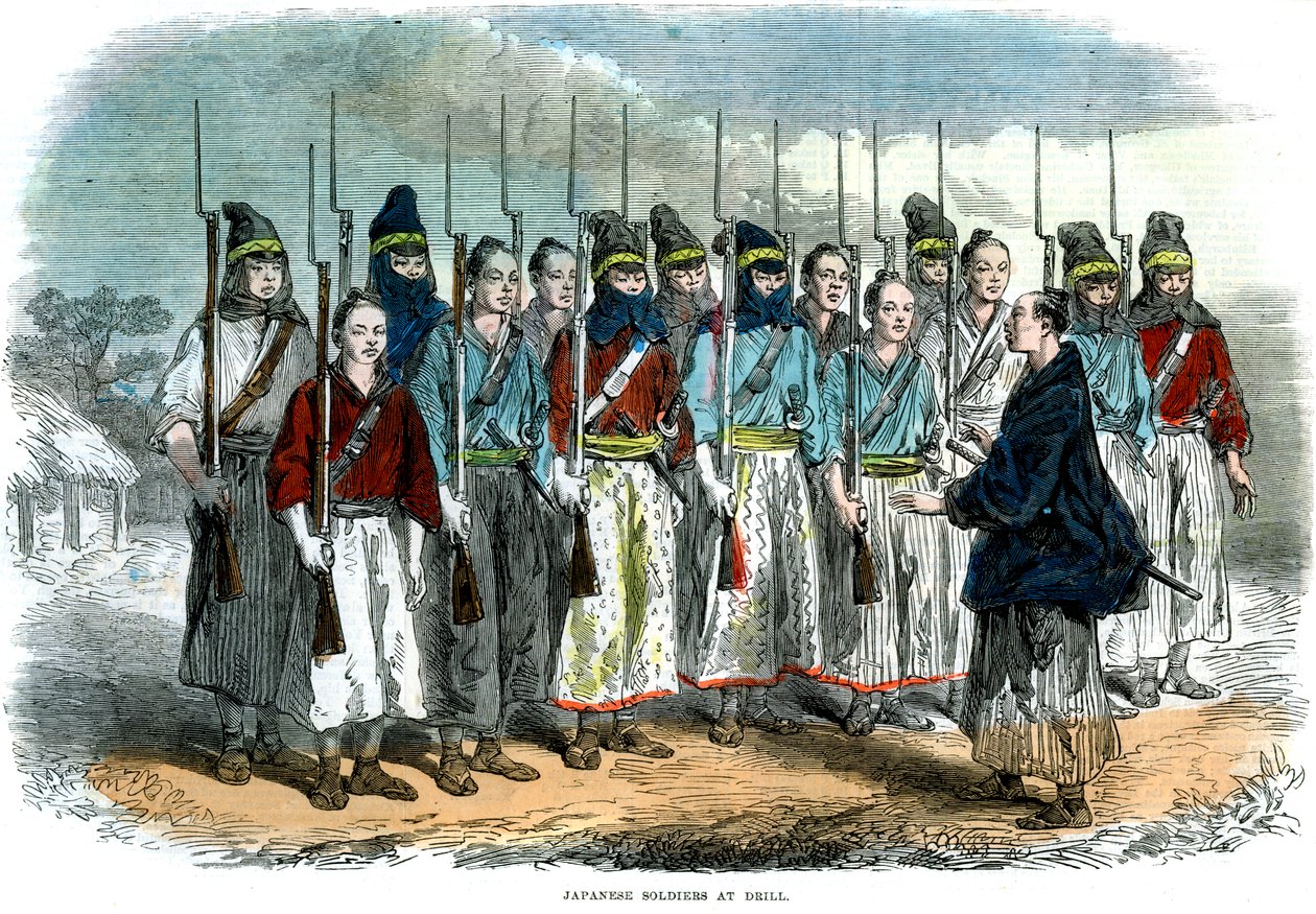 Soldados japoneses em exercício, 1864 de Unbekannt