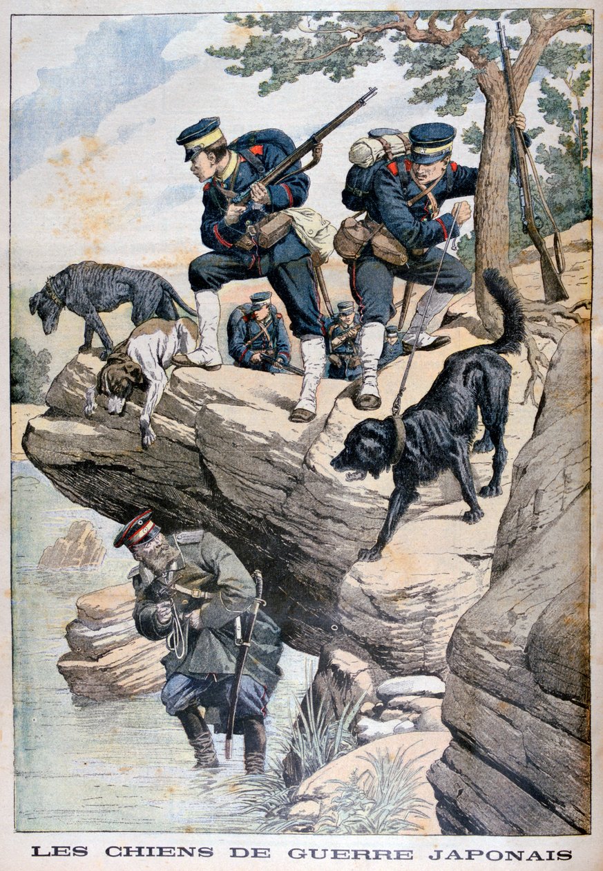 Soldados japoneses com cães localizam um russo escondido, Guerra Russo-Japonesa, 1904 de Unbekannt