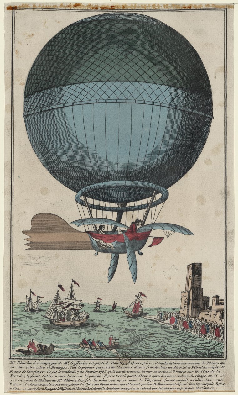 Jean Pierre Blanchard e John Jefferies chegando em Calais depois de atravessar o Canal da Mancha em um balão de ar quente, 1785 de Unbekannt