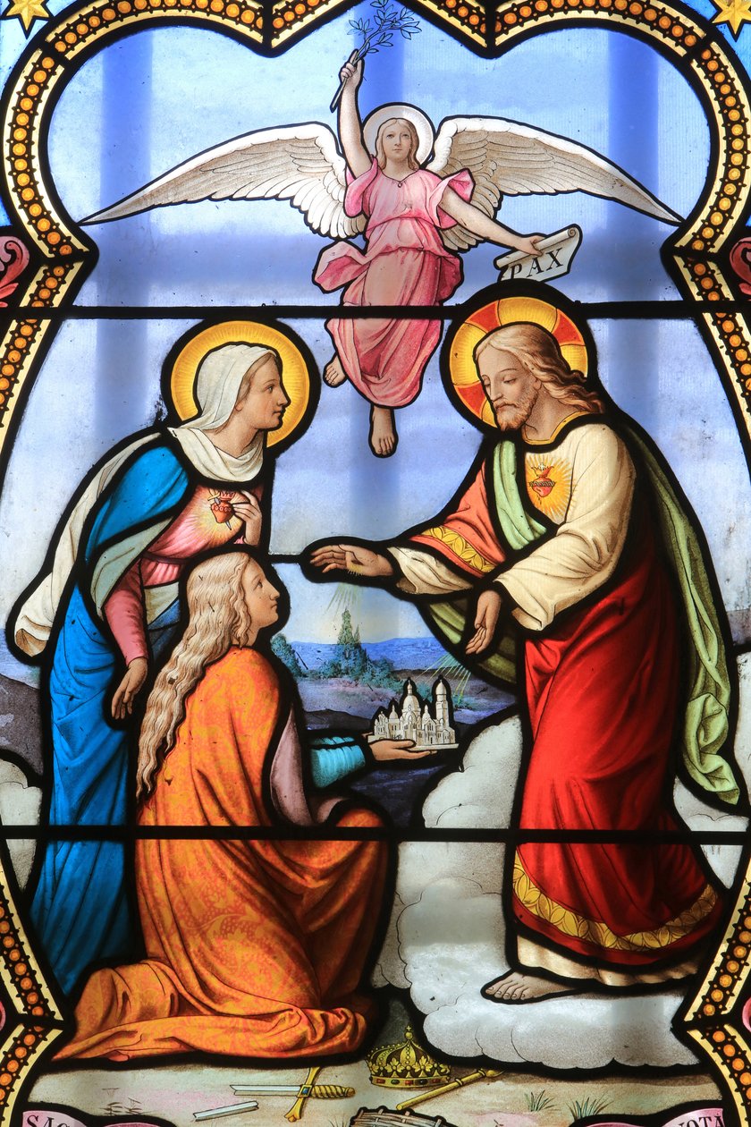 Jesus Cristo e a Virgem Maria. Janela de vidro manchado. Santuário de Nossa Senhora de la Salette, La Salette-Fallavaux, França de Unbekannt