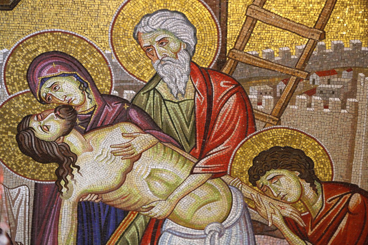 Jesus descido da cruz, Detalhe da arte do mosaico que retrata o enterro de Jesus Cristo, Igreja do Santo Sepulcro, Jerusalém, Israel de Unbekannt