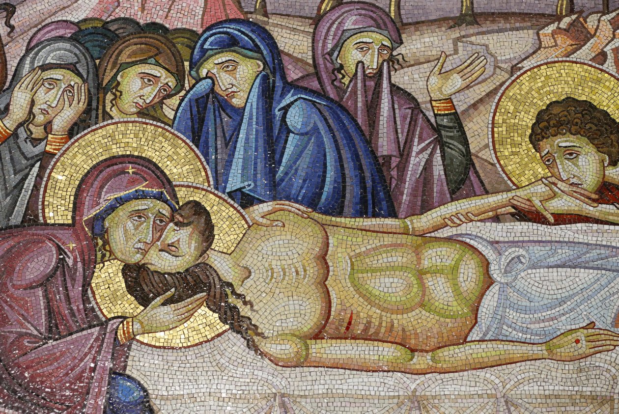 Jesus deitado sobre o novo túmulo de José de Arimatéia, Detalhe da arte do mosaico que retrata o enterro de Jesus Cristo, Igreja do Santo Sepulcro, Jerusalém, Israel de Unbekannt