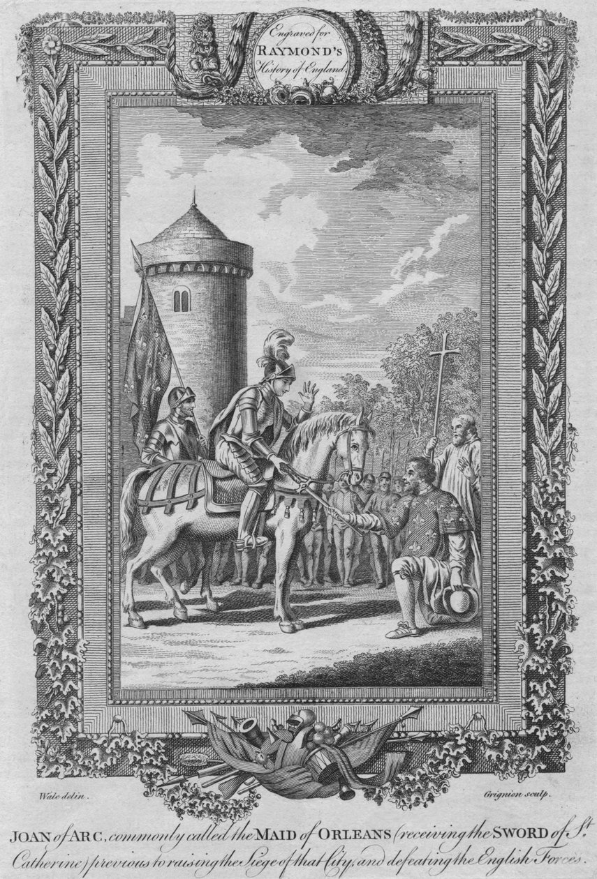 Joana d&39;Arc, comumente chamada de empregada doméstica de Orleans, recebendo a espada de Santa Catarina, c1787 de Unbekannt