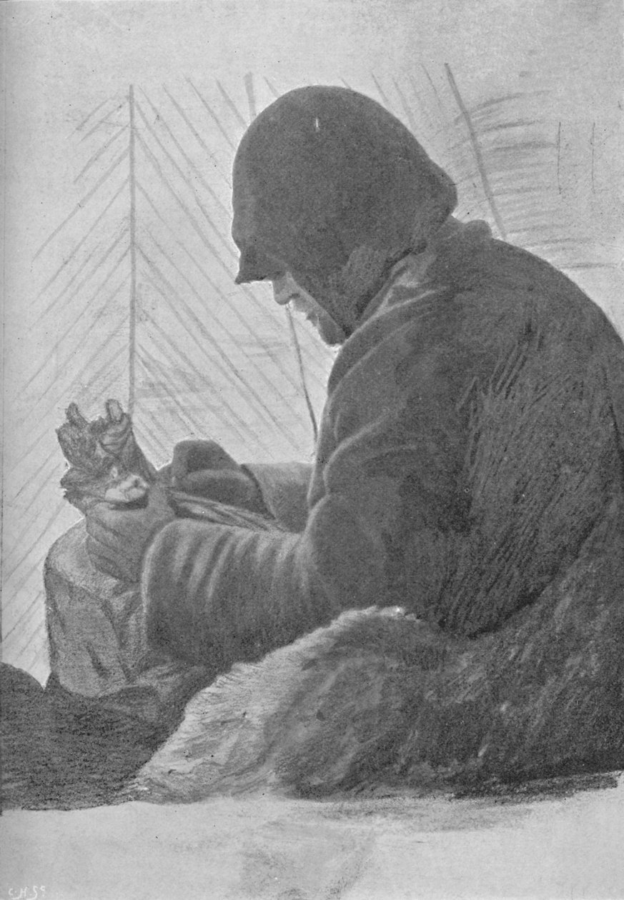 Johansen sentado no saco de dormir na cabana, c1893-1896, 1897 de Unbekannt