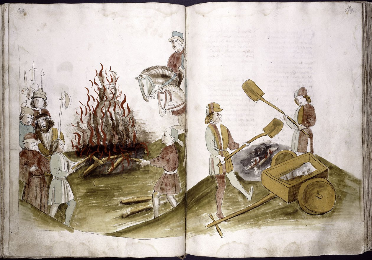 John Hus é queimado na fogueira em 6 de julho de 1415 e suas cinzas são lançadas no Reno de: Ulrich Richental Chronicle of the Coun, 1414-1418 de Unbekannt