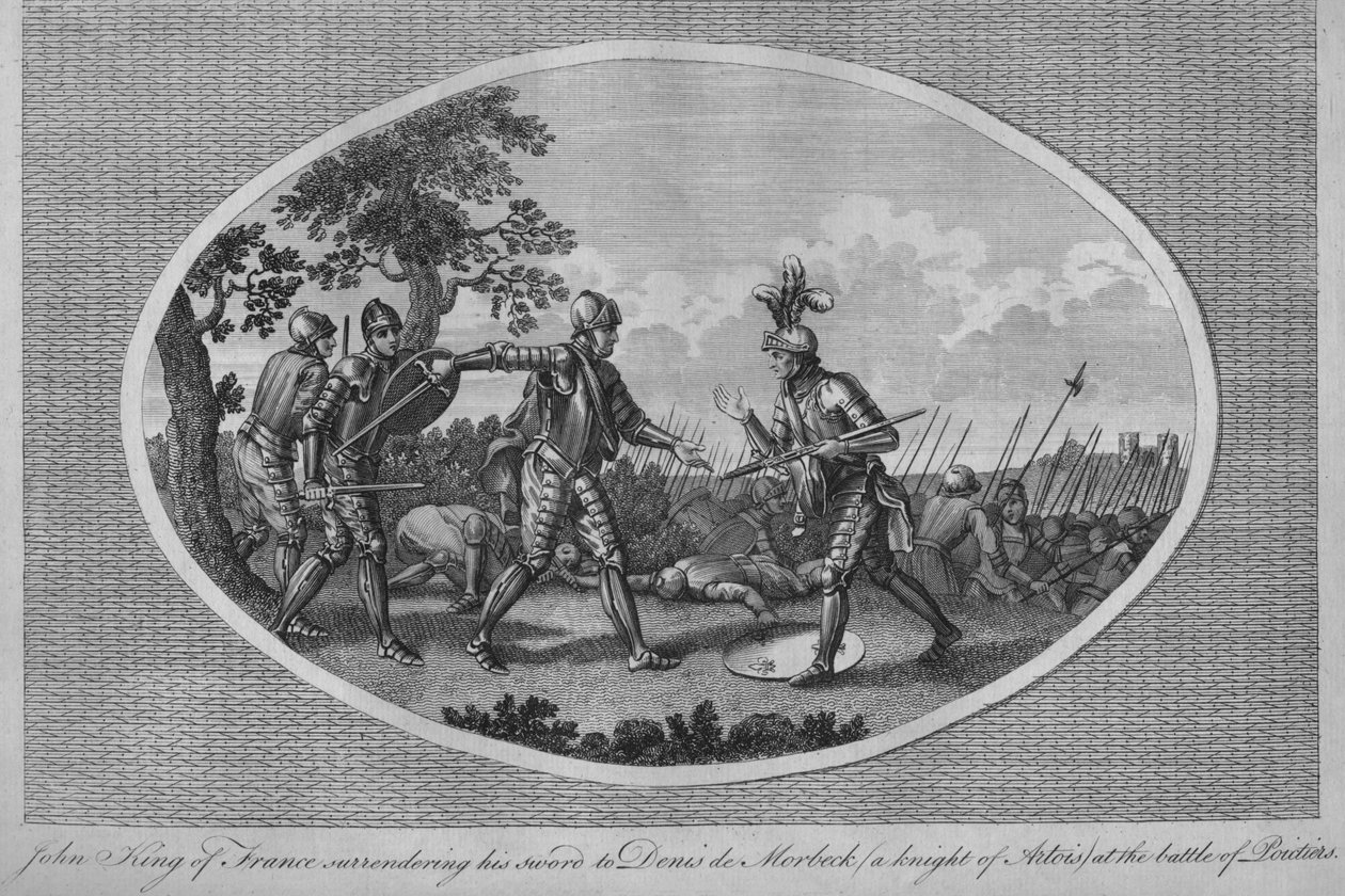 João II da França entregando sua espada a Denis de Morbeck na Batalha de Poitiers, 1356 1793 de Unbekannt