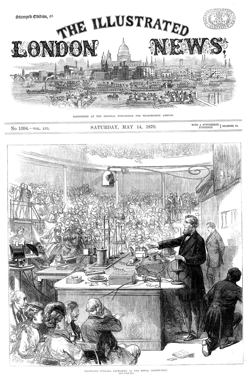 John Tyndall palestrando sobre eletromagnetismo na Royal Institution, Londres. Maio de 1870 de Unbekannt