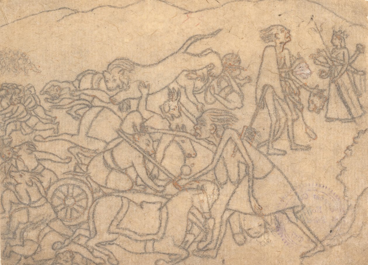 Kali apresentando as cabeças de Chanda e Munda a Durga...o Devi Mahatmya..., ca. 1780. de Unbekannt