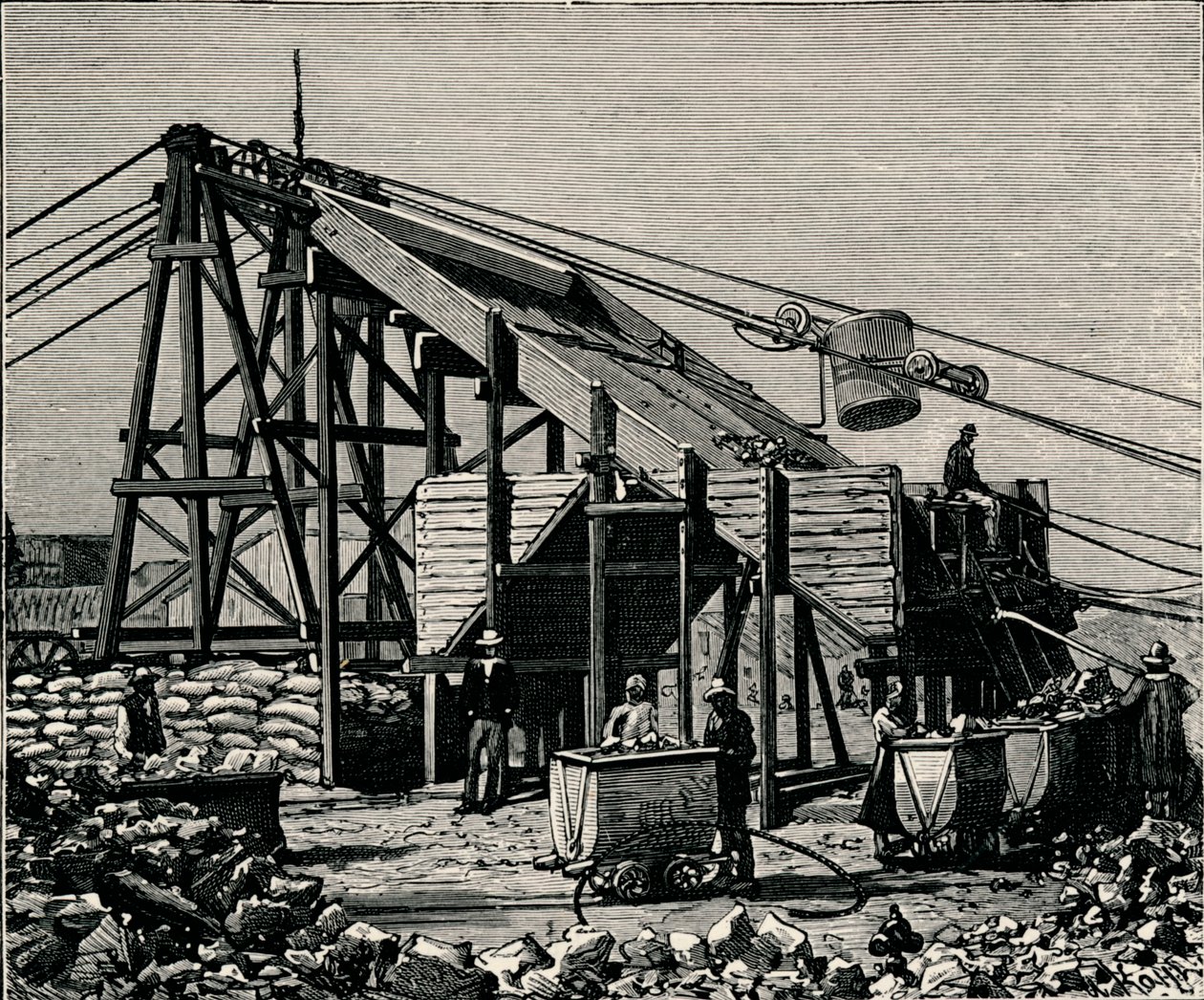 Mina de diamantes Kimbereley: aparelho para elevar a terra diamantífera, 1896 de Unbekannt