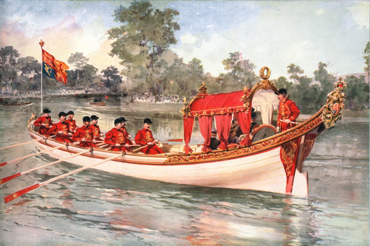 Rei George V e rainha Maria visitando Henly Regatta na barcaça estadual, 1912 de Unbekannt