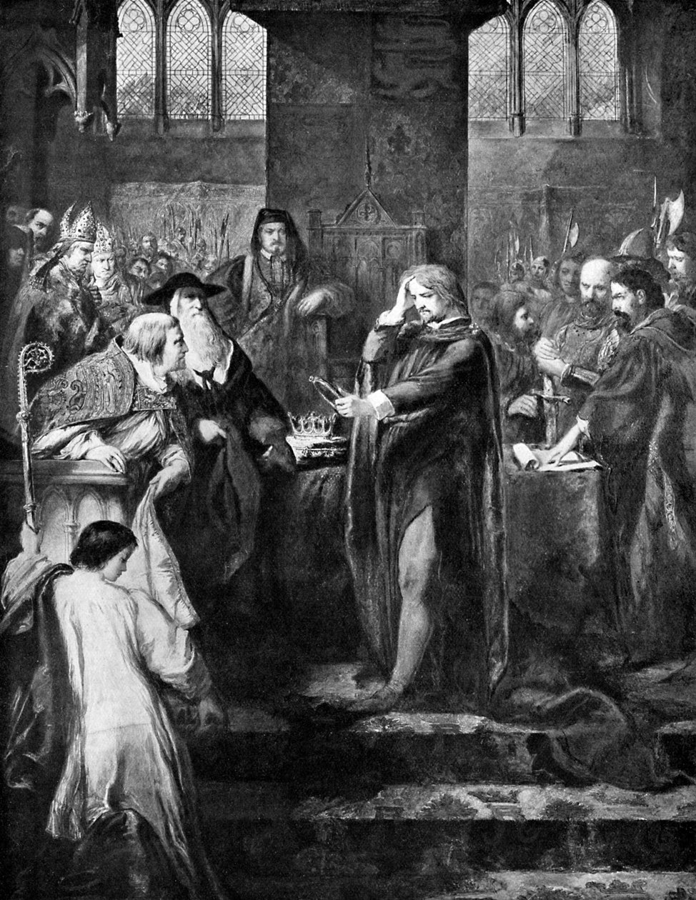 Rei Ricardo II renunciando a coroa a seu primo Bolingbroke, 1399, c1920 de Unbekannt