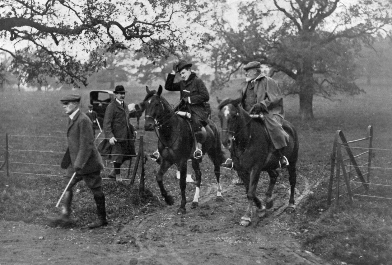 Reis Eduardo VII do Reino Unido e Manuel II de Portugal caçando, 1909 de Unbekannt