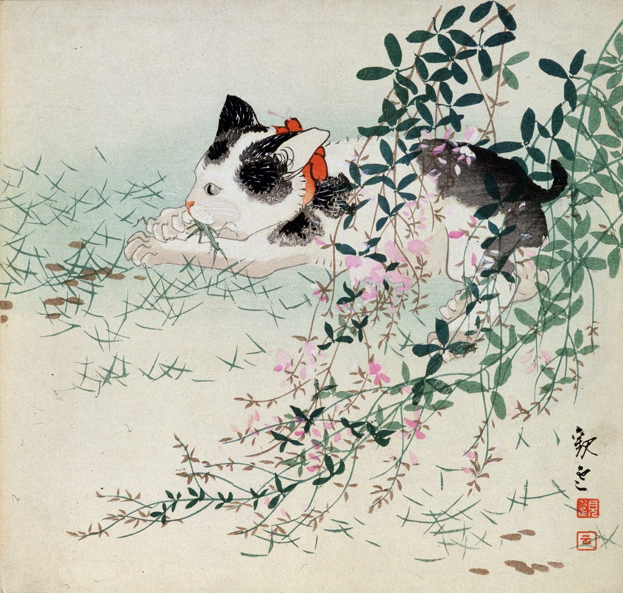 Gatinho na grama e flores de folhagem - estampa japonesa de Unbekannt