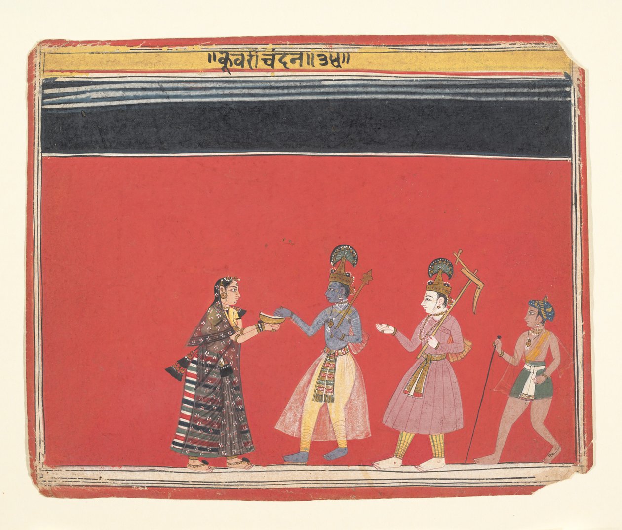 Krishna aceita uma oferenda da mulher corcunda Trivakra..., ca. 1650. de Unbekannt
