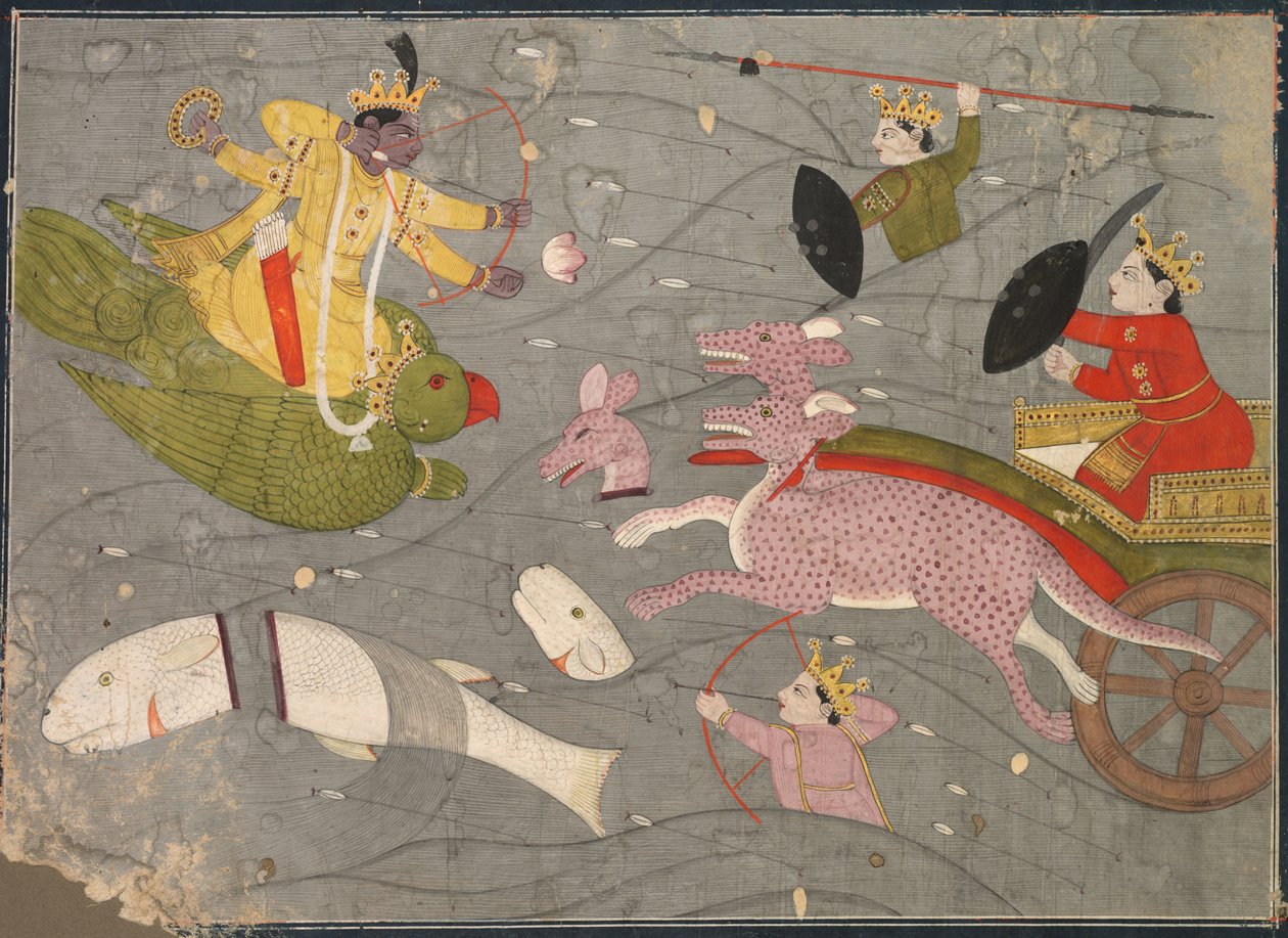 Krishna combatendo os filhos de Vanasuras: cena da seção Aniruddha Usha de Krishna Lila, c. 1840 de Unbekannt