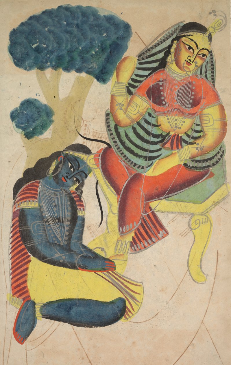 Krishna acariciando os pés de Radhas, de 1800. de Unbekannt