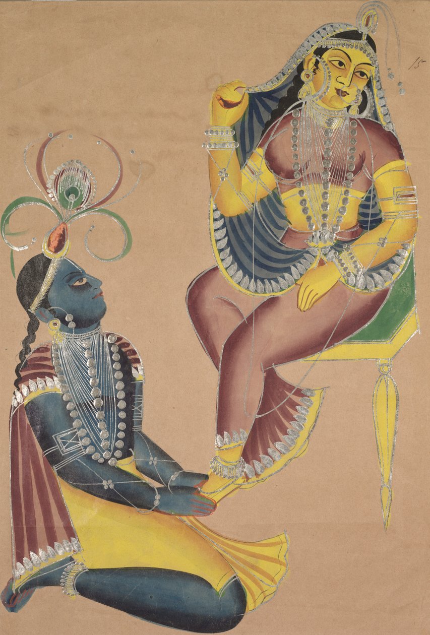 Krishna acariciando os pés de Radhas, de 1800. de Unbekannt