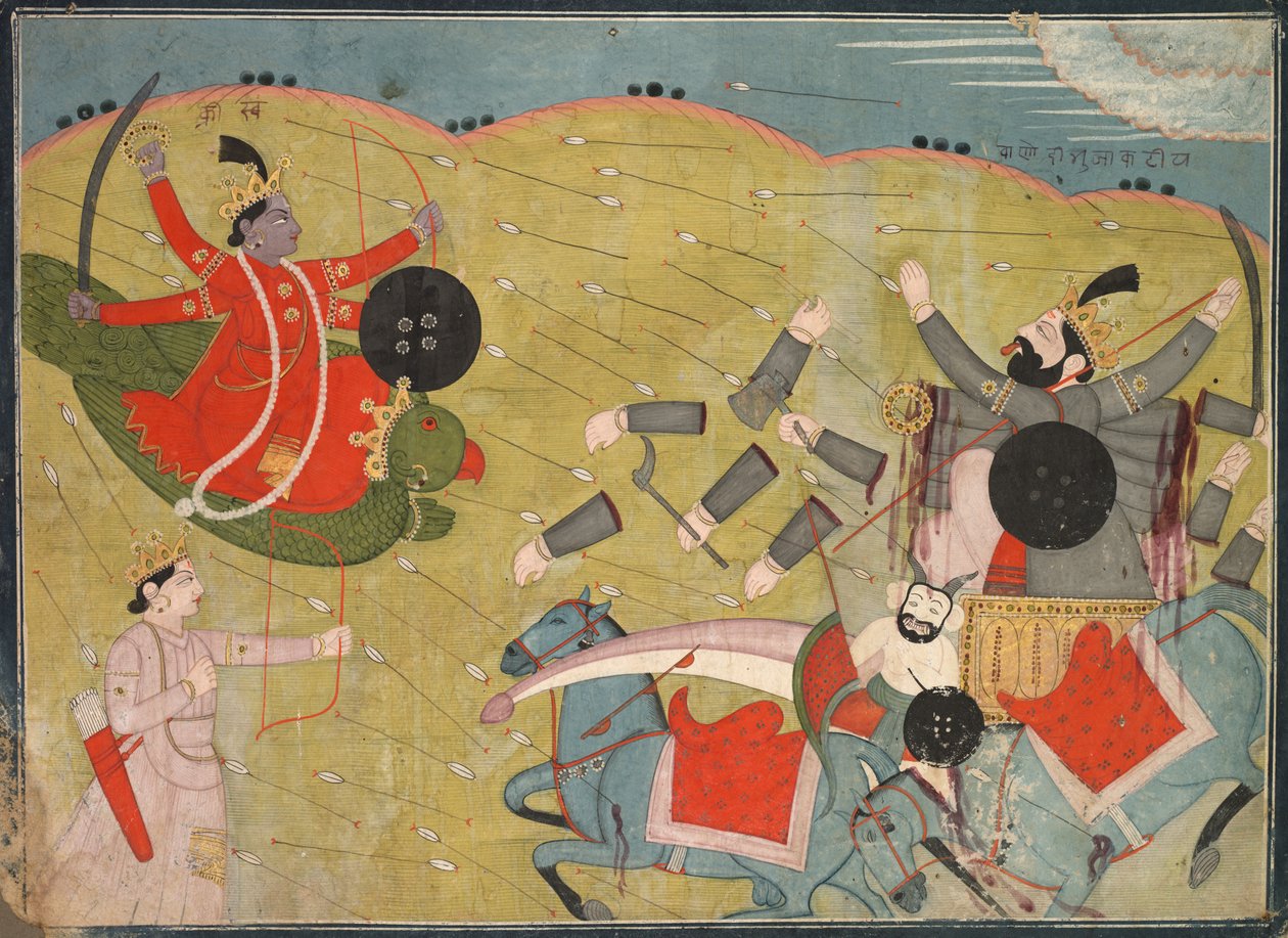 Krishna venceu Vanasura: cena da seção Aniruddha Usha de Krishna Lila, c. 1840 de Unbekannt