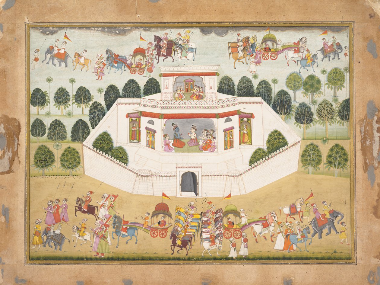 Krishna e Balarama dentro de um Palácio Murado: Página de um Bhagavata Purana Disperso ..., ca. 1700 de Unbekannt