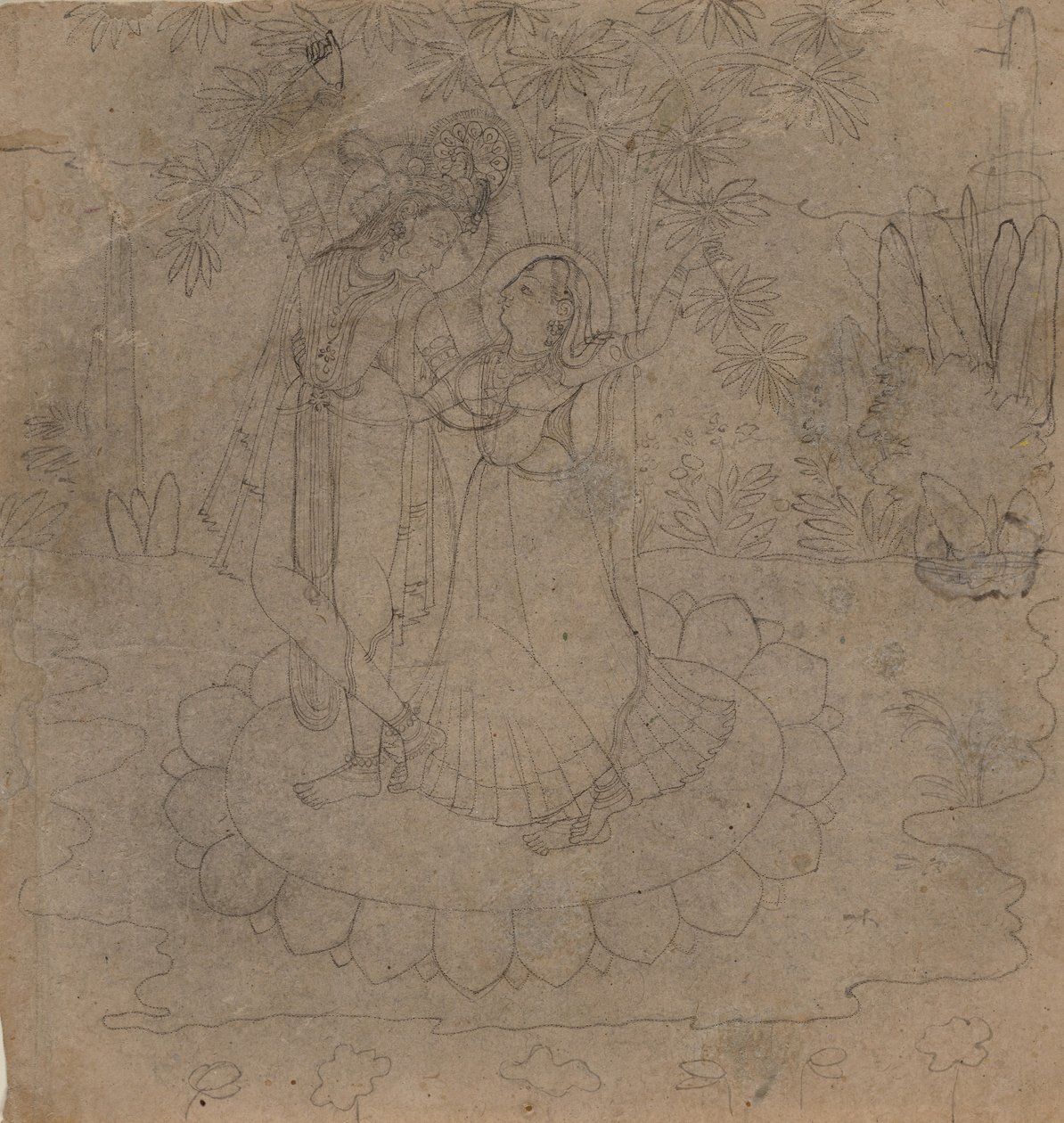 Krishna e Radha em pé sobre um Lotus, no final do século XIX - início do século XX. de Unbekannt