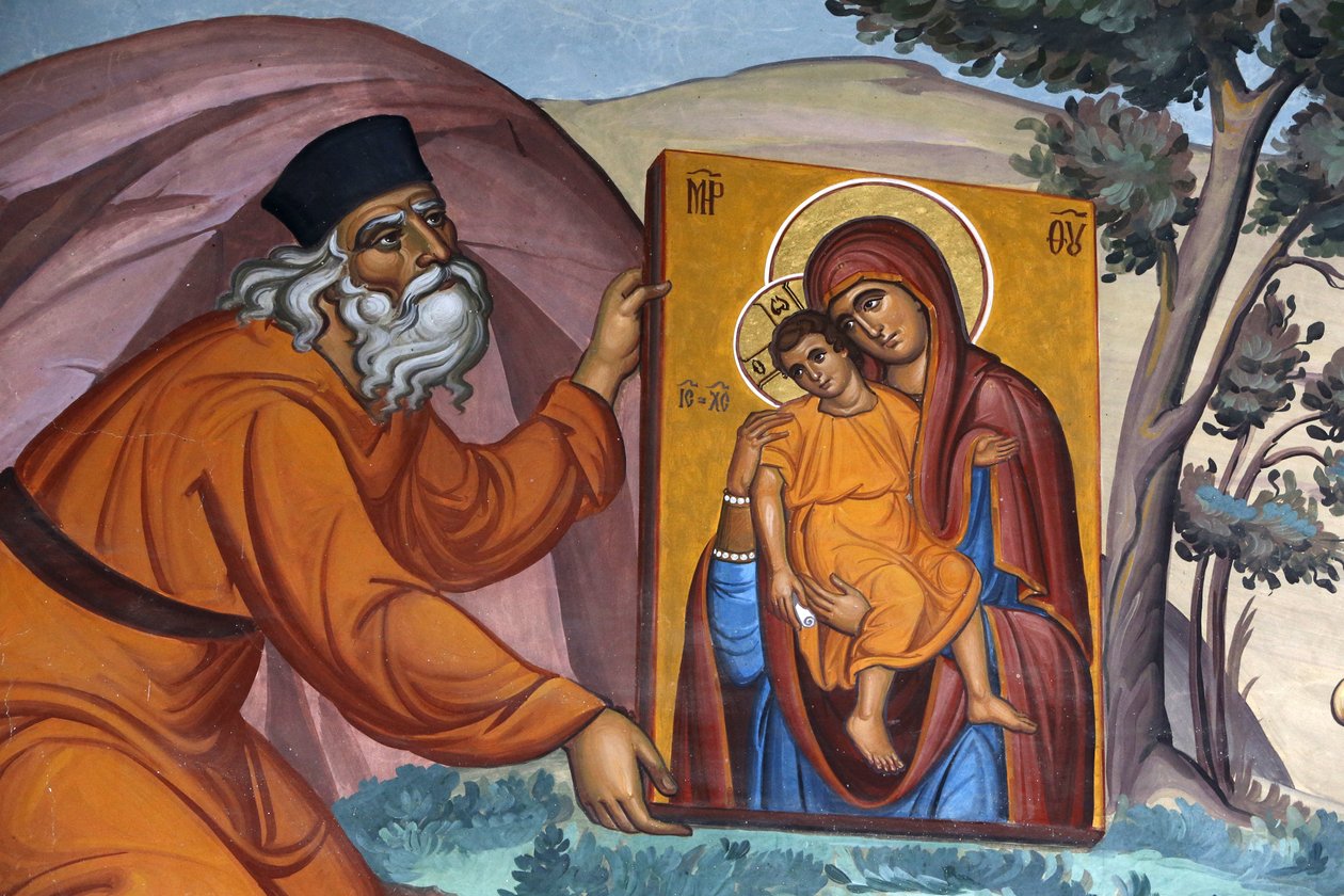 Mosteiro de Kykkos, Chipre. Fresco. Monge carregando um ícone sagrado, 20150510, Pedoulas, Chipre. de Unbekannt
