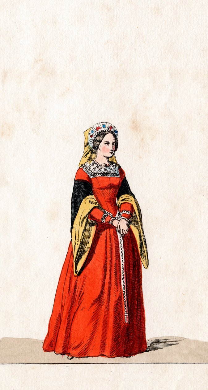 Lady-in-waiting, figurino para peça de Shakespeares, Henrique VIII, século XIX de Unbekannt