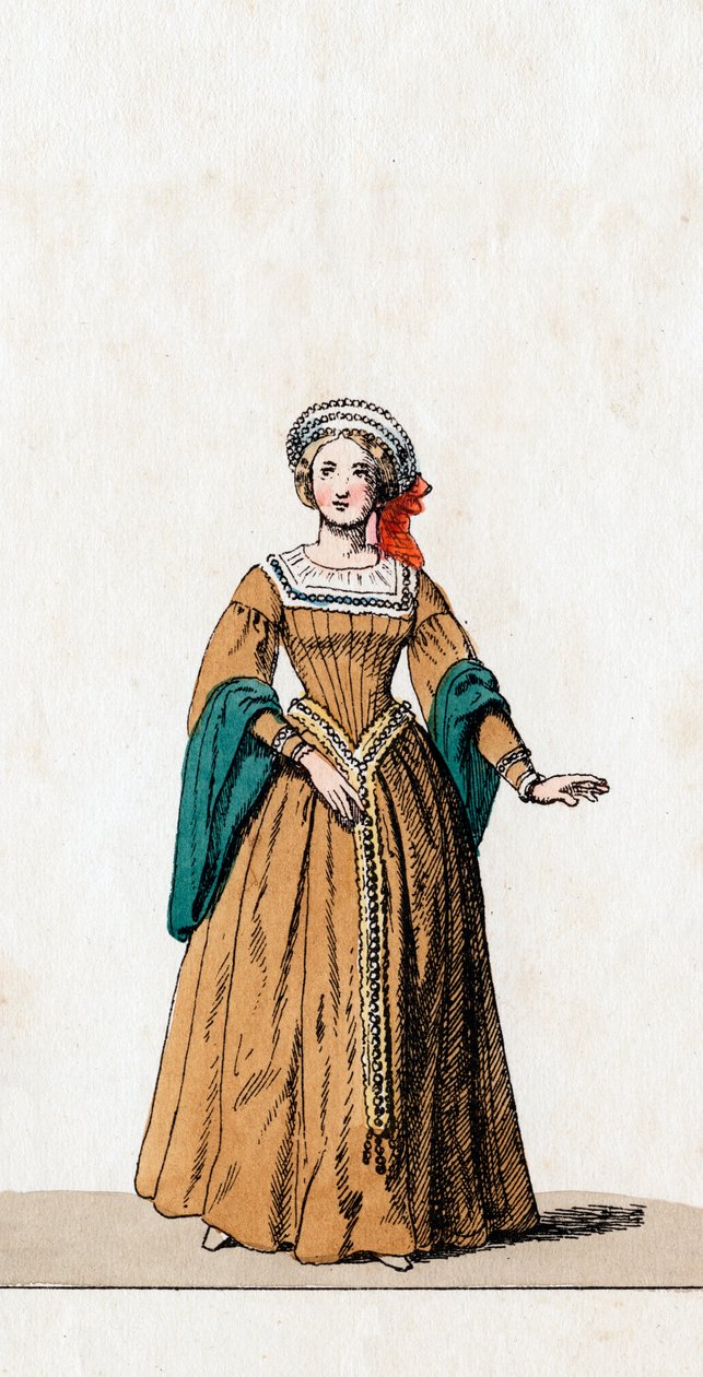 Lady-in-waiting, figurino para peça de Shakespeares, Henrique VIII, século XIX de Unbekannt
