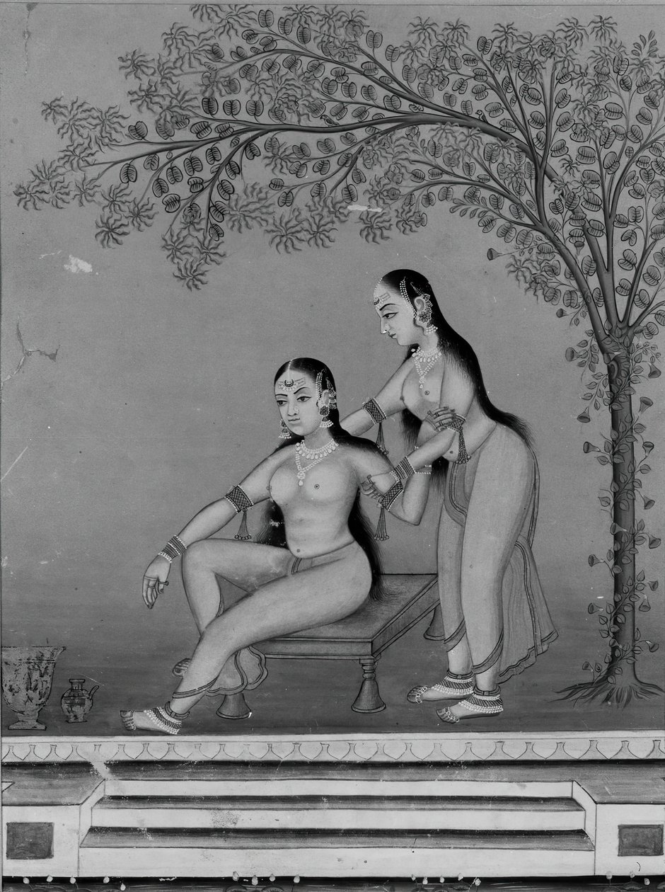 Senhora em seu toilette com atendente em um terraço, ca. 1800. de Unbekannt