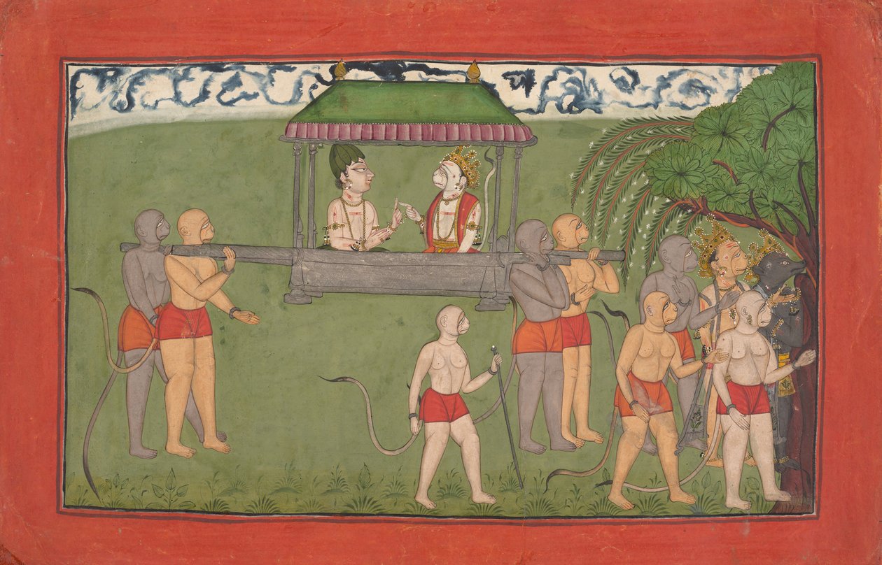 Lakshmana e Sugriva sendo transportados por Palanquin para receber bênçãos de Ramas ..., ca. 1710-25. de Unbekannt