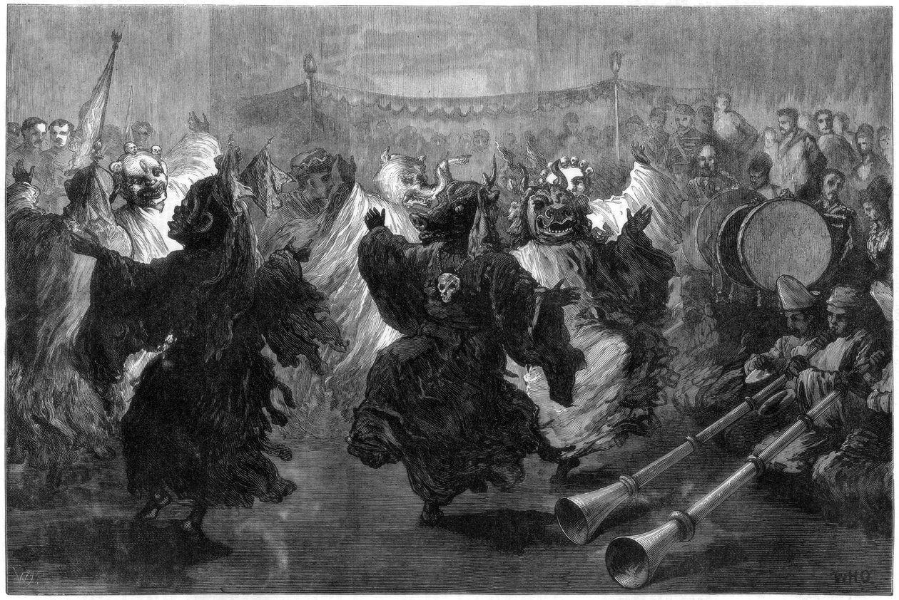Dança do Lama em Jummoo, realizada antes do Príncipe de Gales, 1876 de Unbekannt