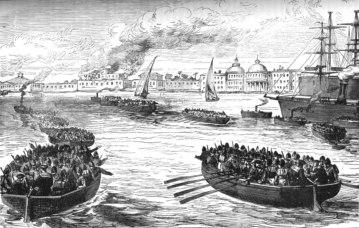 Tropas de desembarque no Palácio Khedives em Alexandria após o bombardeio, 1882, c1882-1885 de Unbekannt
