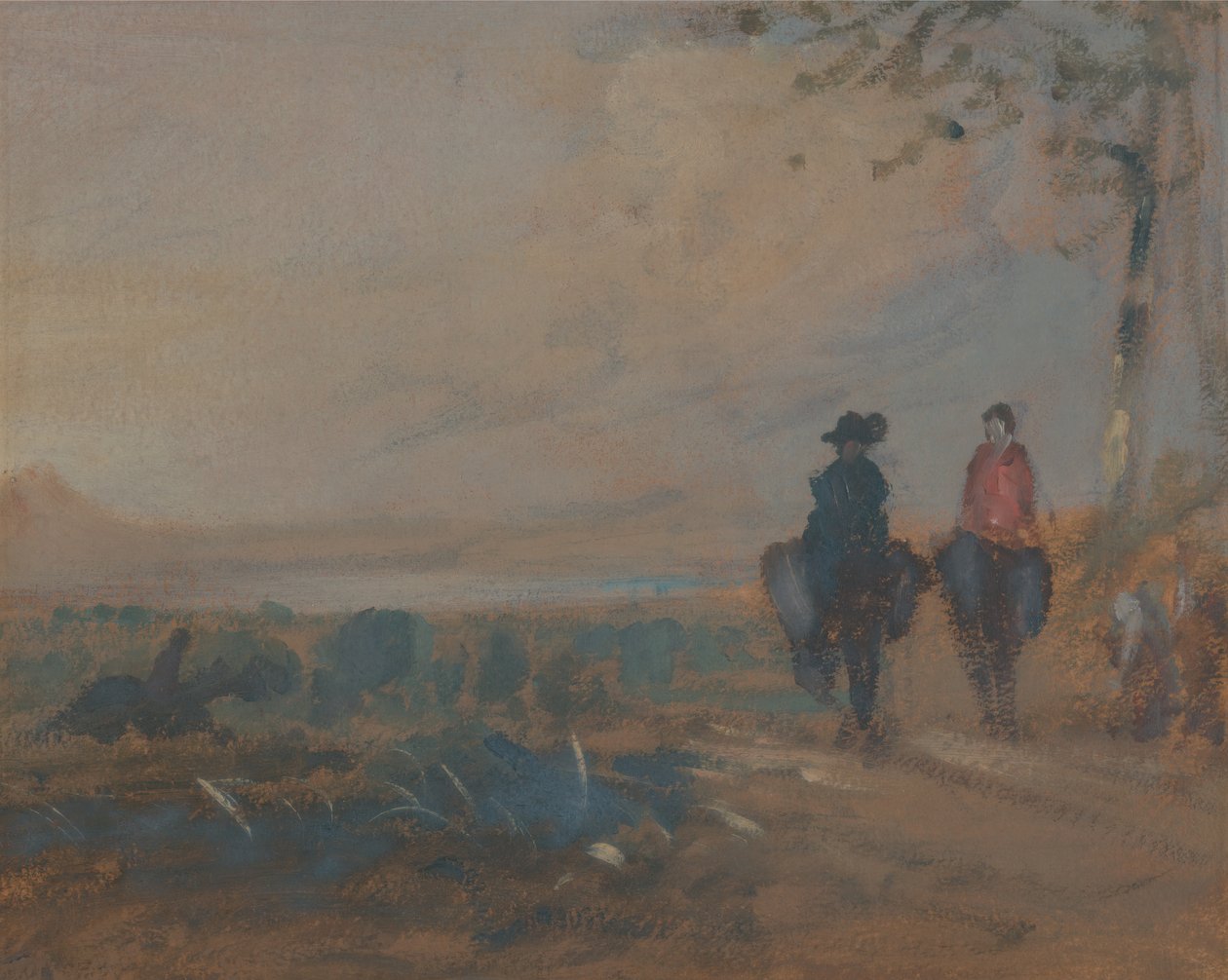 Paisagem com Lago e Cavalgada de Duas Figuras, ca. 1820. de Unbekannt