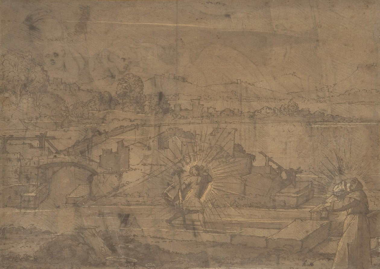 Paisagem com a retaguarda de São Cristóvão e São Masculino Monástico..., séc. XVI. de Unbekannt