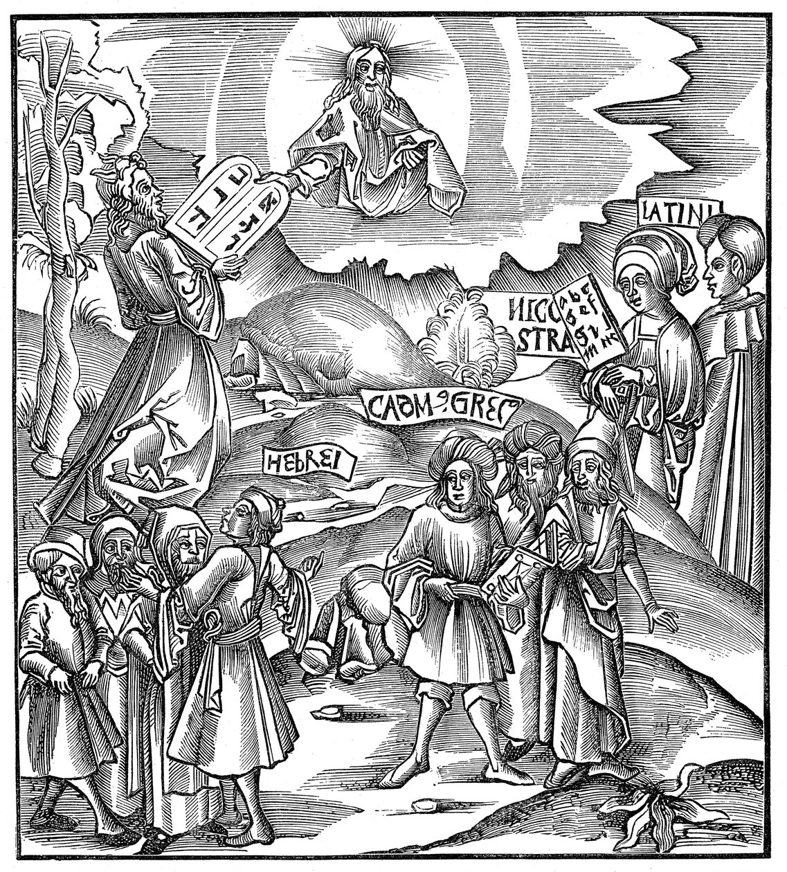 Línguas: Moisés recebendo de Deus as tábuas da lei em hebraico, 1512 de Unbekannt