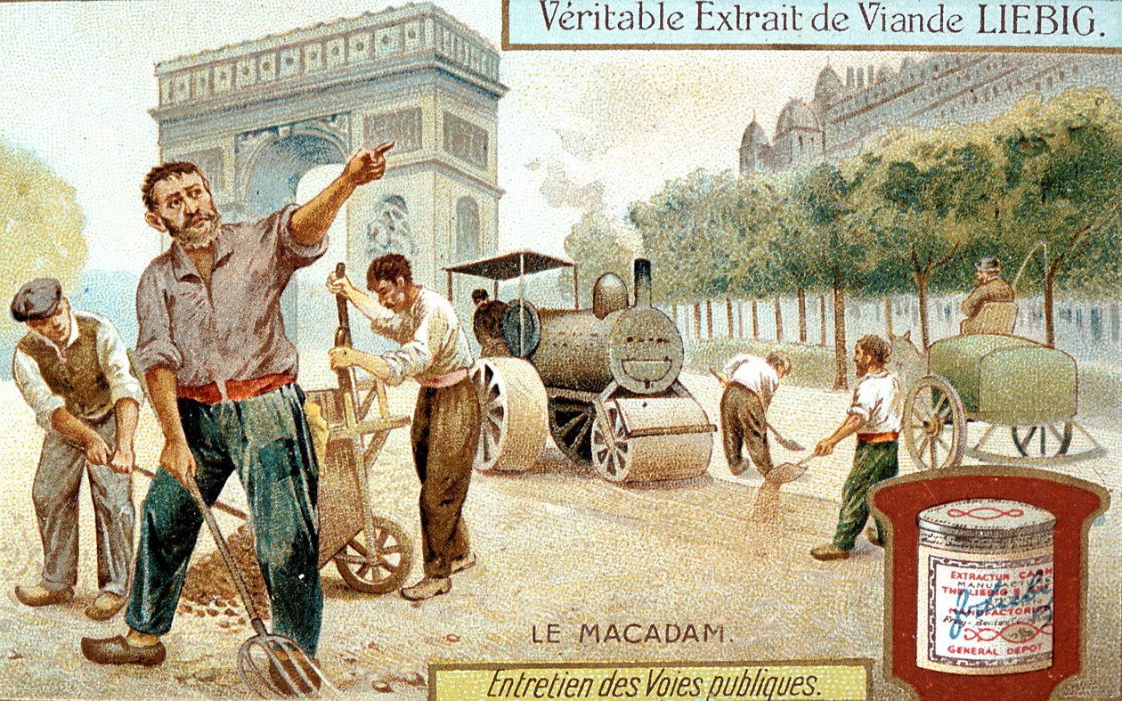 Colocando uma superfície de estrada Macadam e compactando-a com um rolo compactador a vapor, Paris, c1900 de Unbekannt