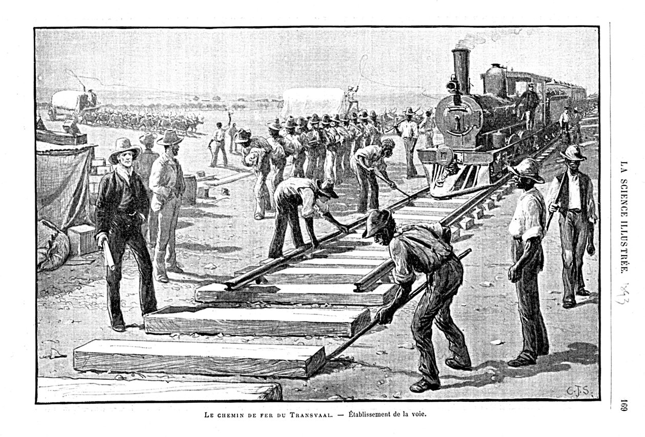 Colocando dormentes e trilhos de maneira permanente na Ferrovia Transvaal, África do Sul, 1893 de Unbekannt