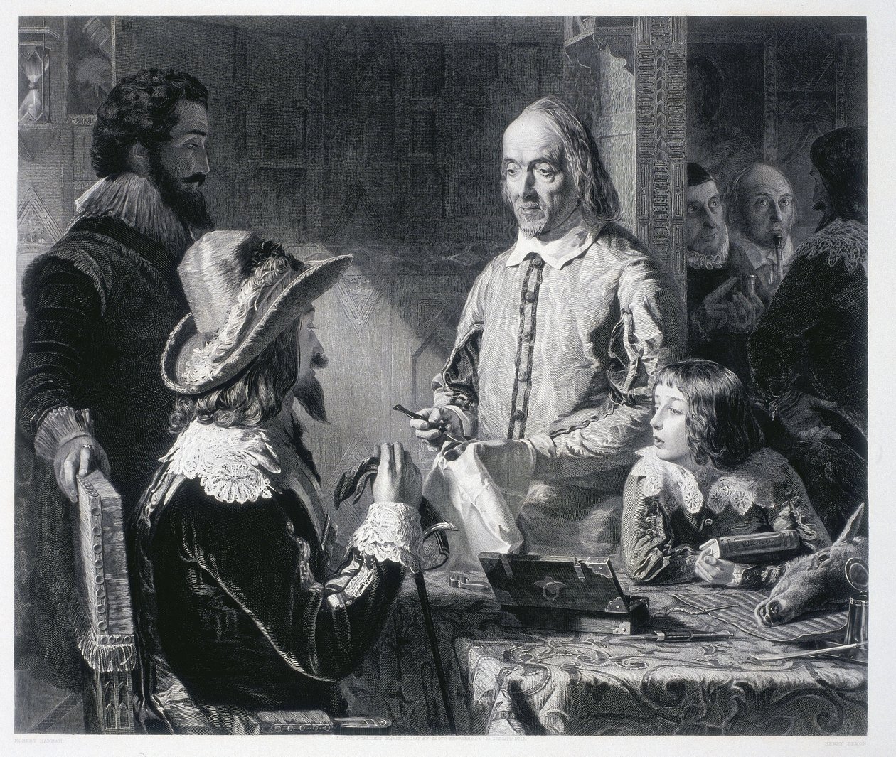 O médico inglês William Harvey (1578-1637) mostrando ao Rei Charles I Stuart da Inglaterra (1600-1649) a teoria da circulação sanguínea de Unbekannt