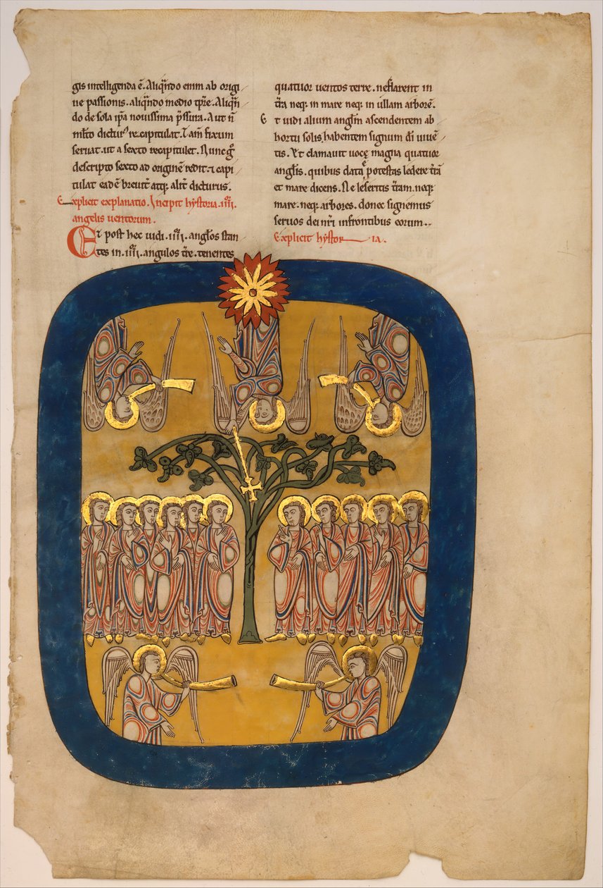Folha de um manuscrito do Beatus: Angels Restrain the Four Winds..., ca. 1180. de Unbekannt