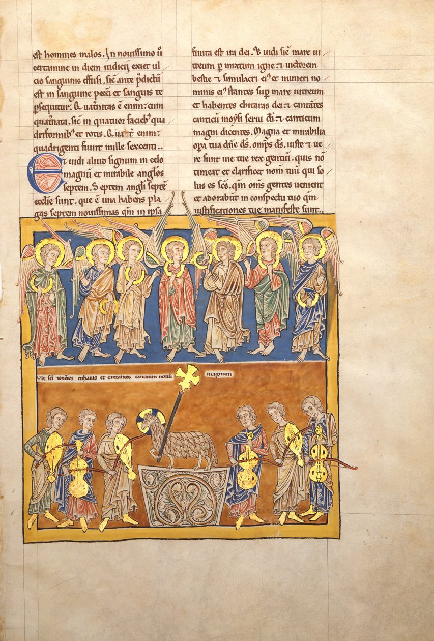 Folha de um manuscrito de Beatus: Sete anjos seguram as taças das sete últimas pragas .., ca. 1180 de Unbekannt