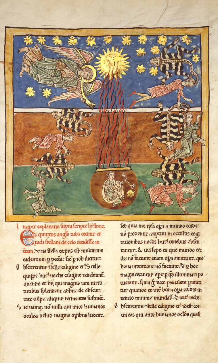 Folha de um manuscrito de Beatus: no Clarion of the Fifth Angels Trumpet ..., ca. 1180 de Unbekannt