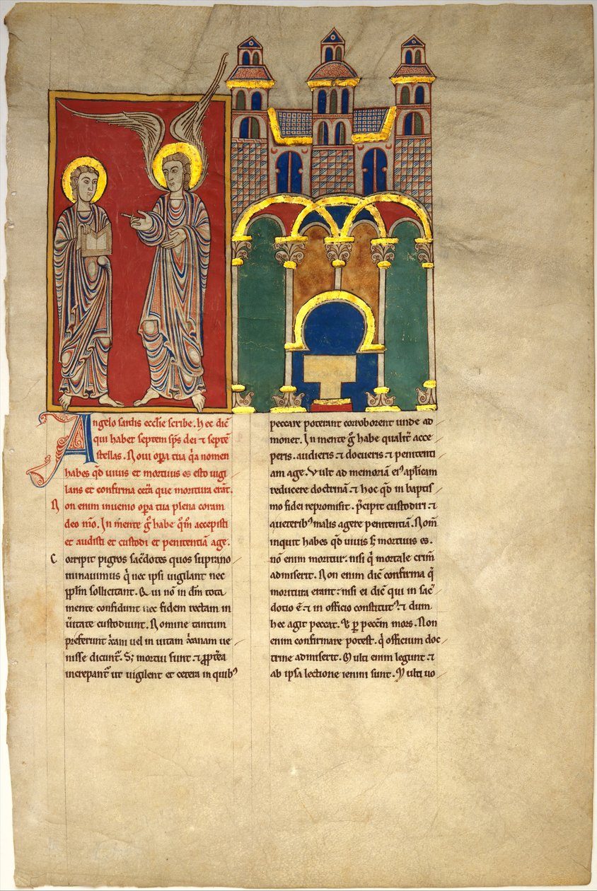 Folha de um manuscrito dos Beatus: o anjo da Igreja de Sardes com São João, ca. 1180 de Unbekannt