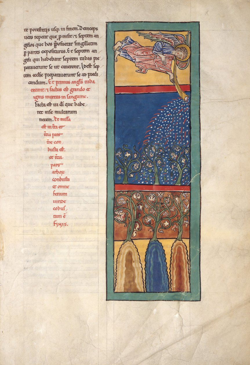 Folha de um manuscrito de Beatus: o primeiro anjo soa a trombeta ..., ca. 1180 de Unbekannt