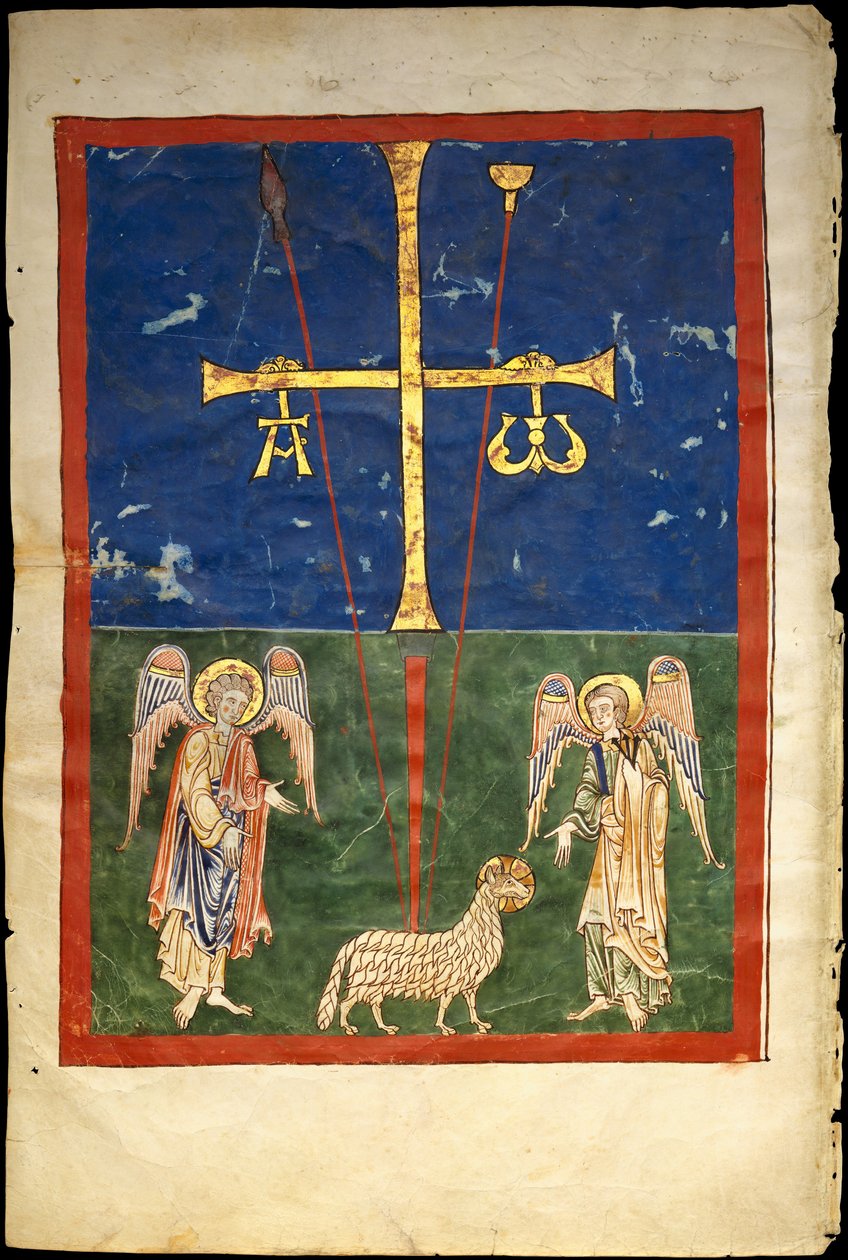 Folha de um manuscrito de Beatus: o cordeiro ao pé da cruz, ladeado por dois anjos ..., c1180. de Unbekannt