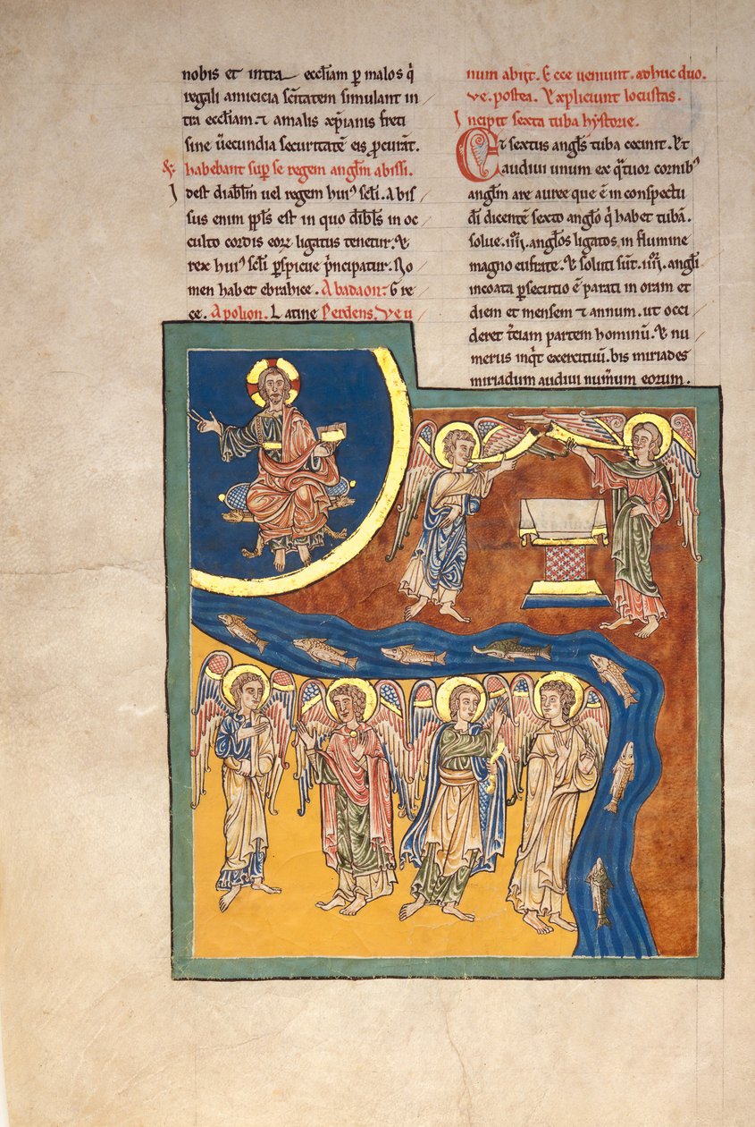 Folha de um manuscrito de Beatus: o sexto anjo entrega os quatro anjos ..., ca. 1180 de Unbekannt