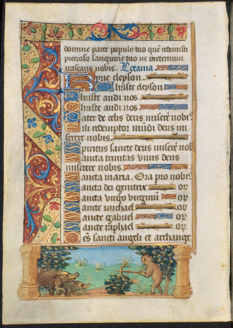 Folha de um livro de horas: Macaco caçando javalis dianteiros e Ape Fishing verso, c. 1500-1510. de Unbekannt