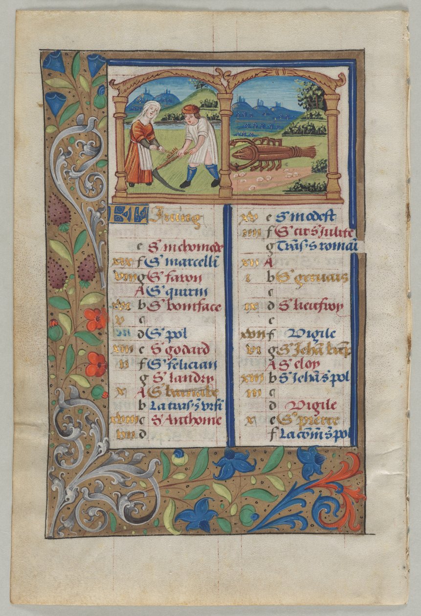 Folha de um livro de horas: Página do calendário de junho verso, c. 1510 de Unbekannt