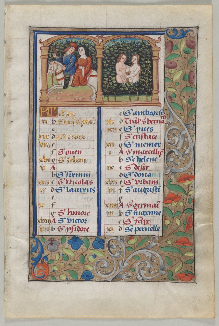 Folha de um livro de horas: página de calendário de maio anterior e página de calendário de junho ..., c. 1510 de Unbekannt
