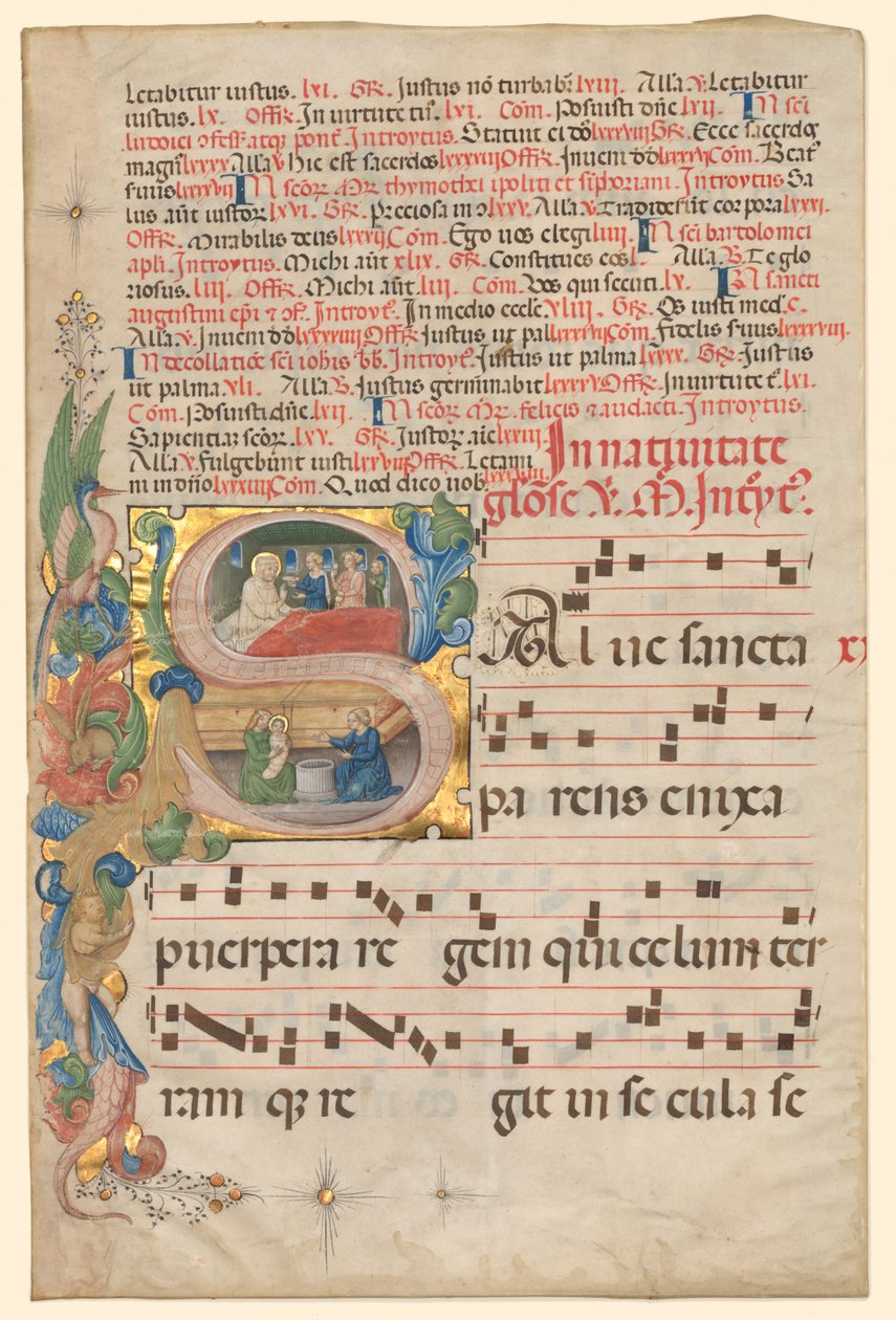 Folha de um Gradual: História Inicial S [alve Sancta Parens] com Nascimento da Virgem, c. de Unbekannt