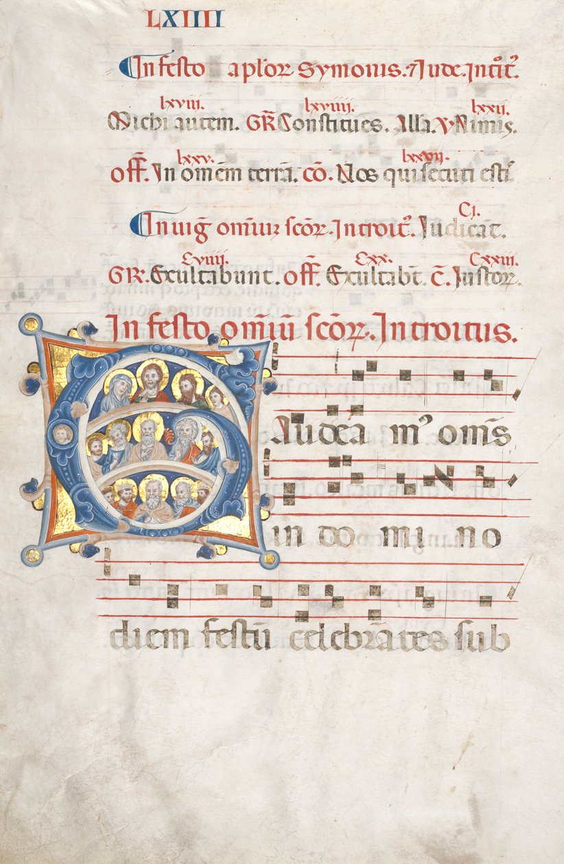 Folha de um Gradual: G inicial com Cristo, a Virgem e os apóstolos, c. 1300 de Unbekannt